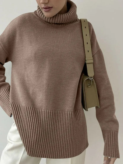 Side Slit Turtleneck Drop Shoulder Sweater Trendsi