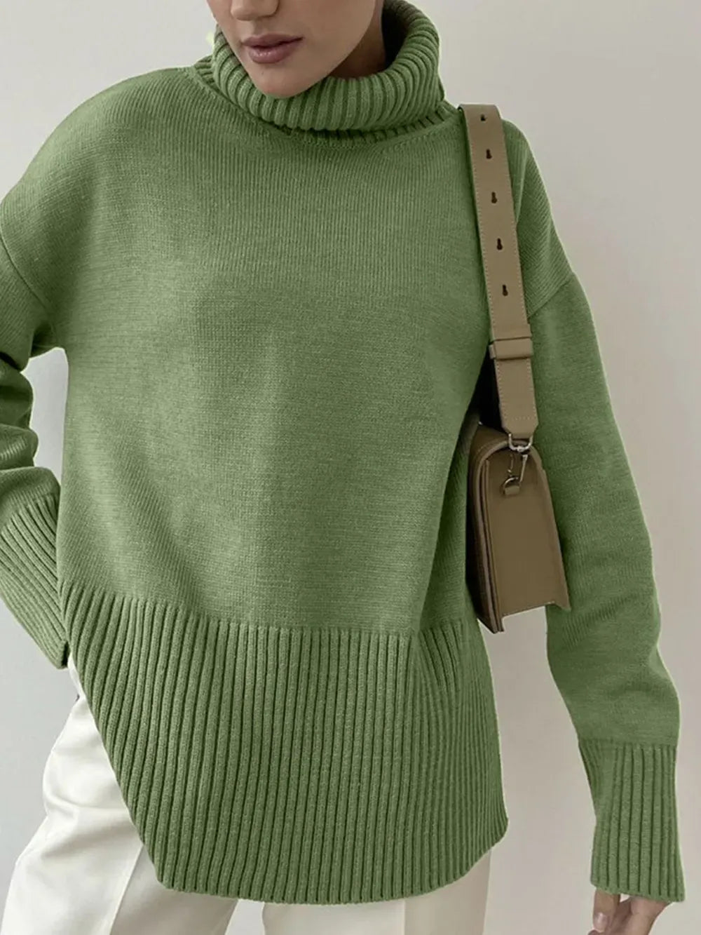 Side Slit Turtleneck Drop Shoulder Sweater Trendsi