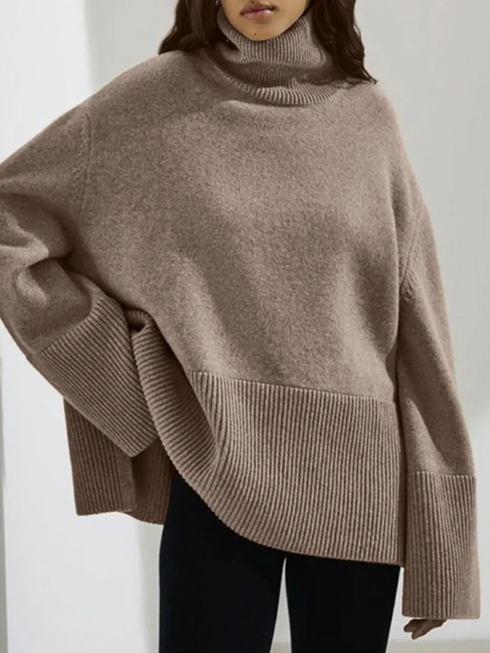 Side Slit Turtleneck Drop Shoulder Sweater Mocha / One Size Trendsi