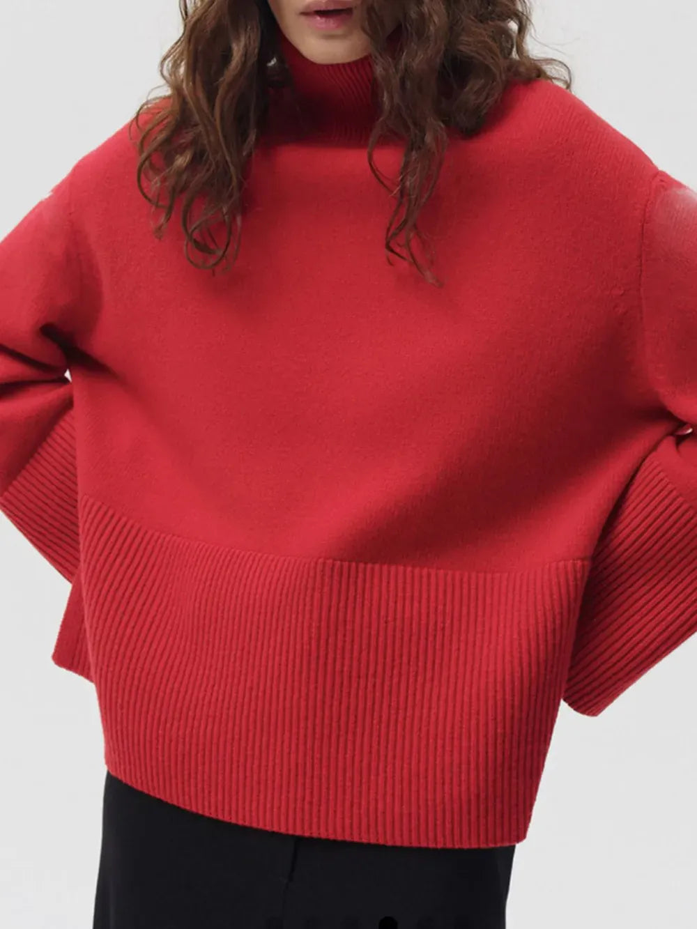 Side Slit Turtleneck Drop Shoulder Sweater Deep Red / One Size Trendsi