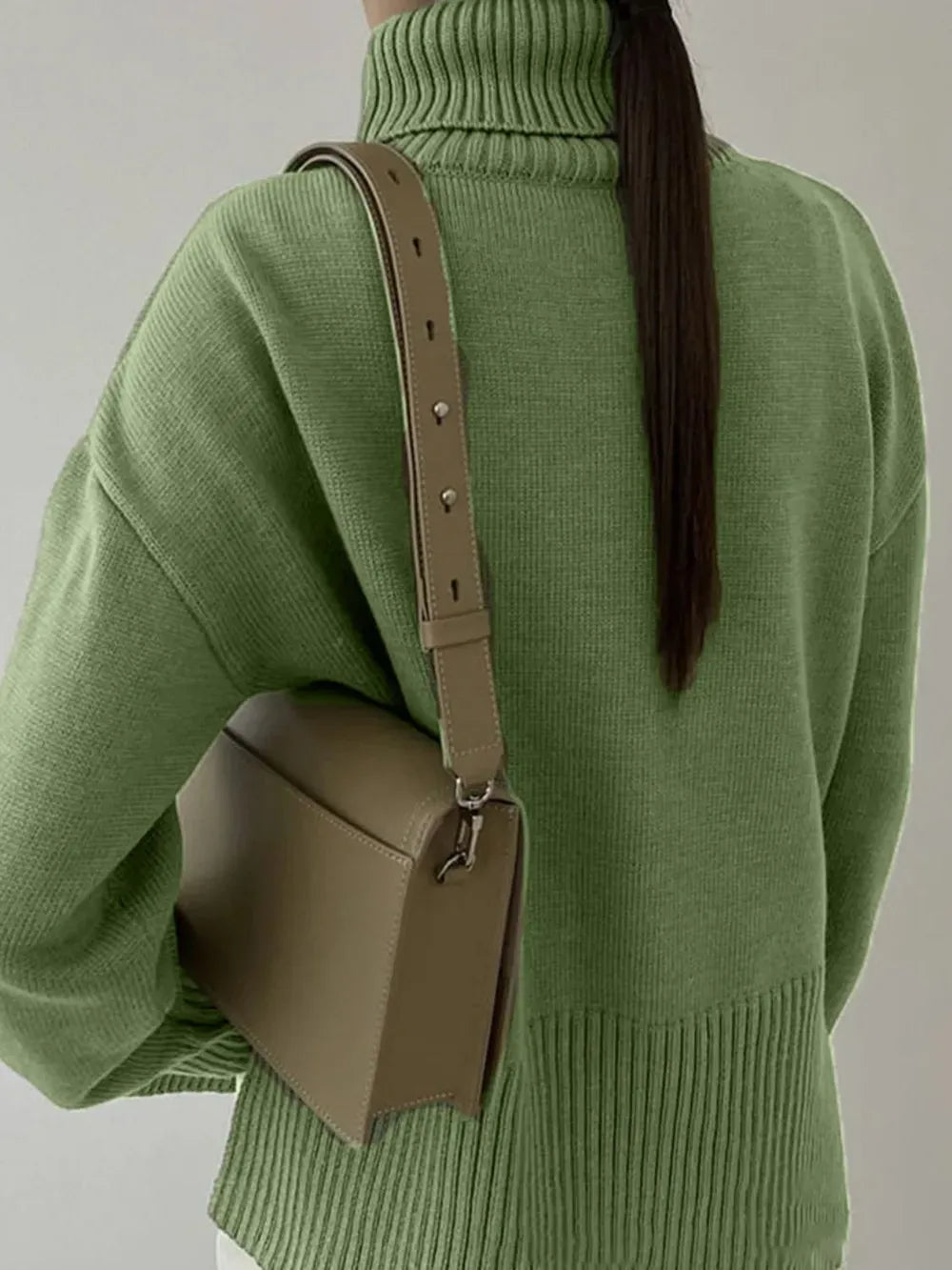 Side Slit Turtleneck Drop Shoulder Sweater Trendsi