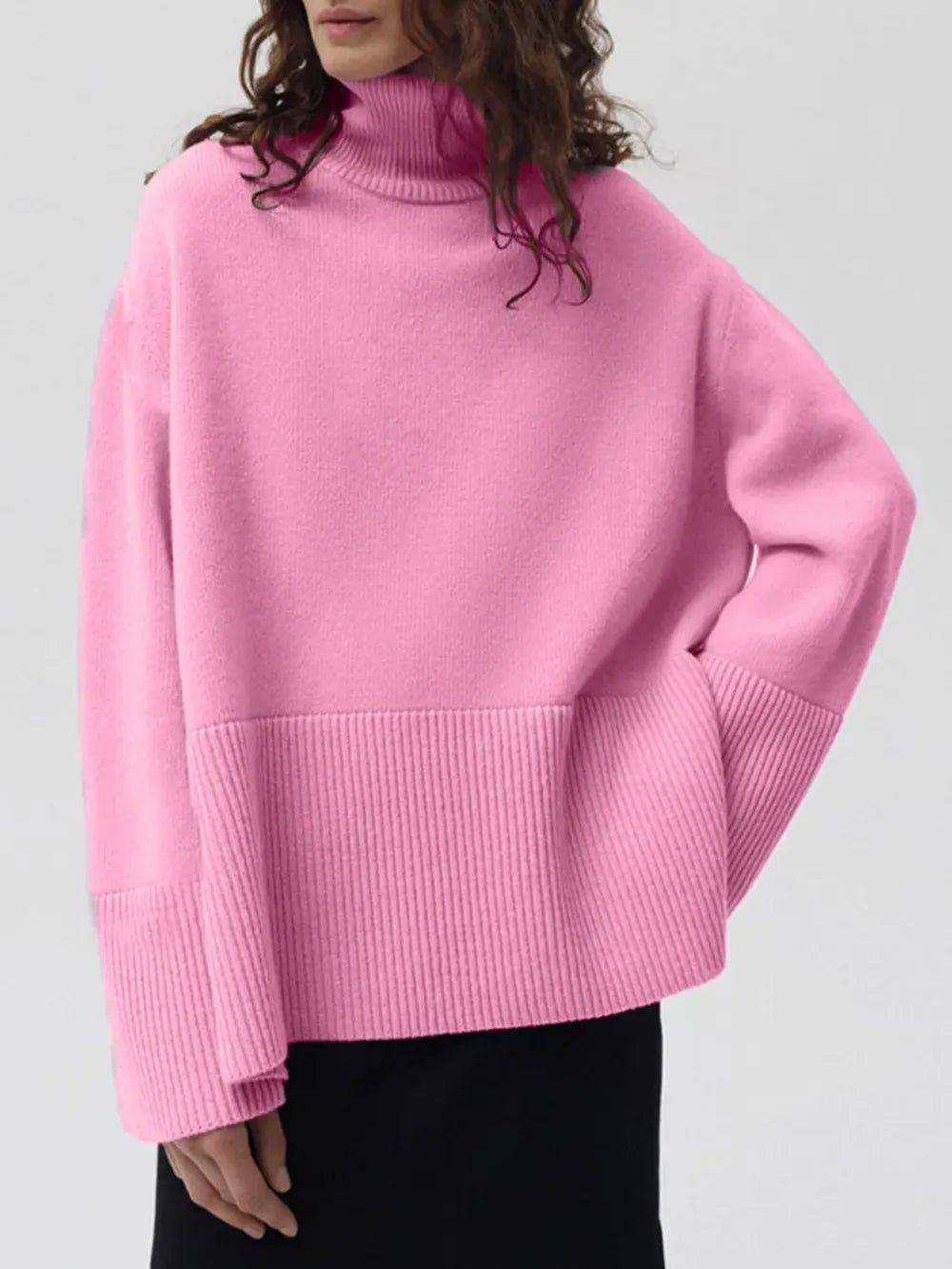 Side Slit Turtleneck Drop Shoulder Sweater Pink / One Size Trendsi