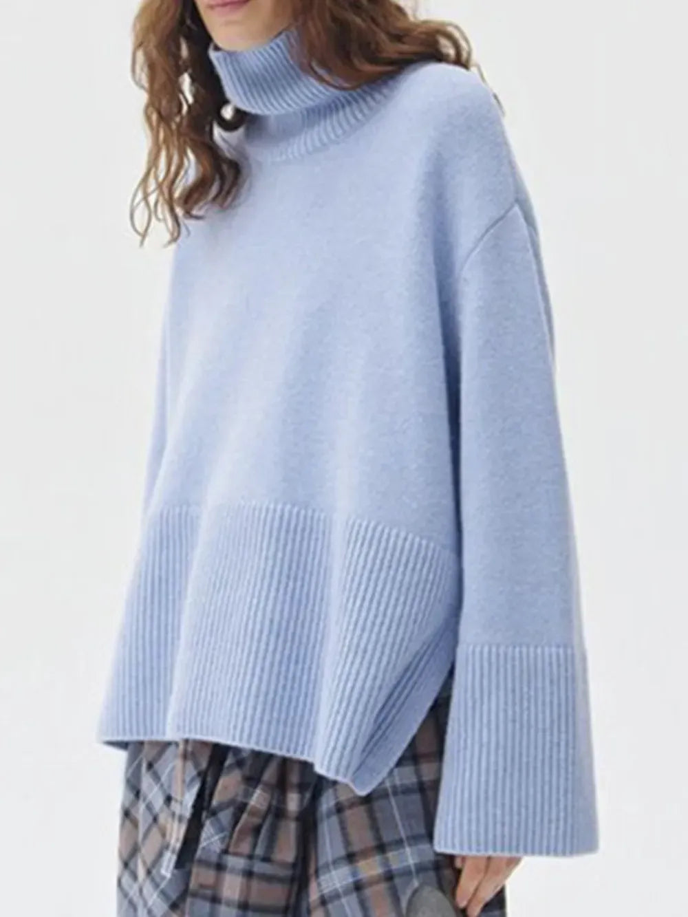 Side Slit Turtleneck Drop Shoulder Sweater Trendsi