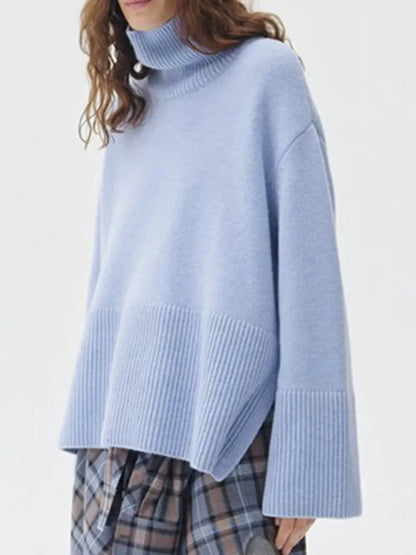 Side Slit Turtleneck Drop Shoulder Sweater Trendsi
