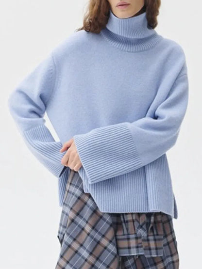 Side Slit Turtleneck Drop Shoulder Sweater Light Blue / One Size Trendsi