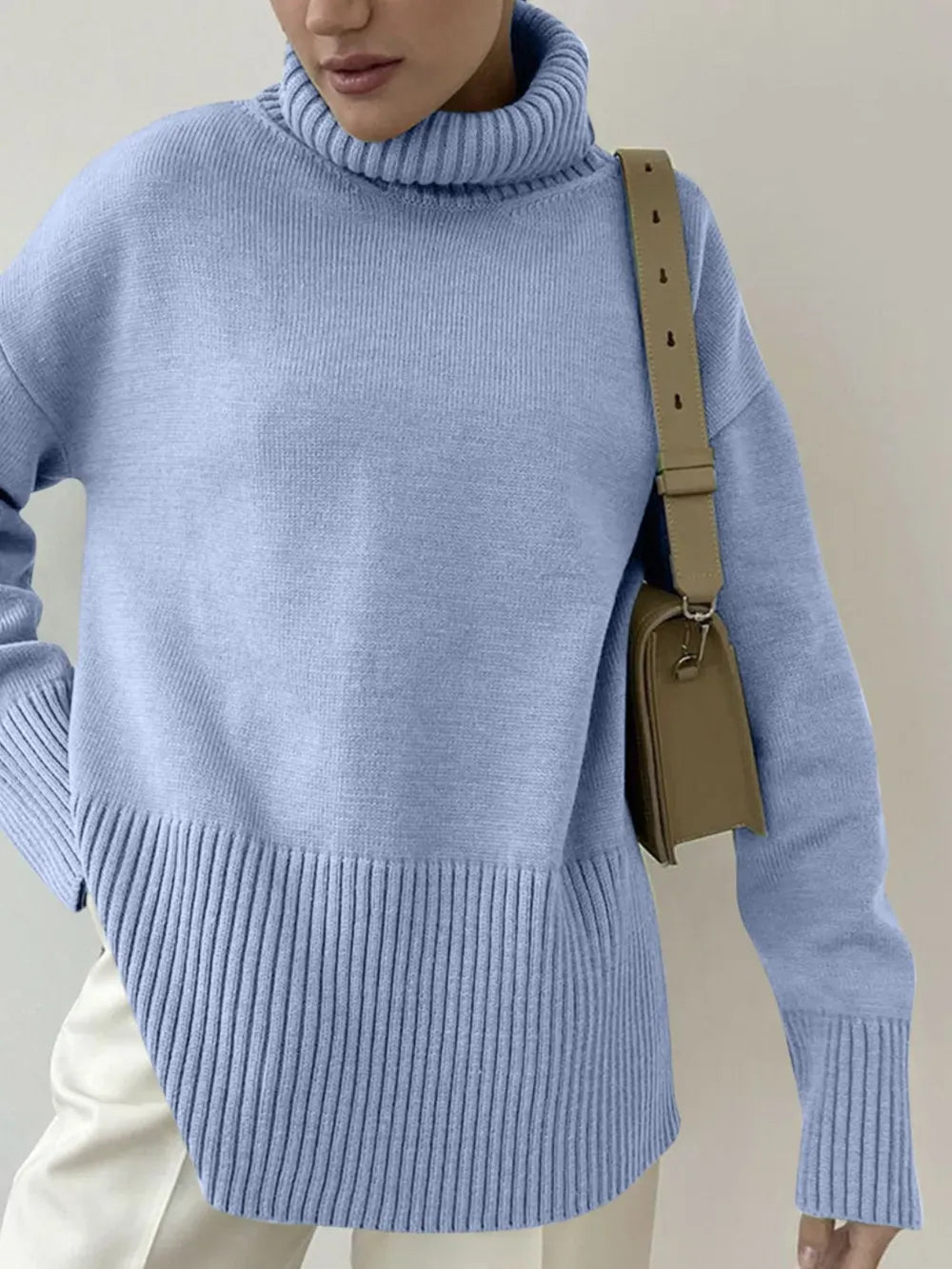 Side Slit Turtleneck Drop Shoulder Sweater Trendsi