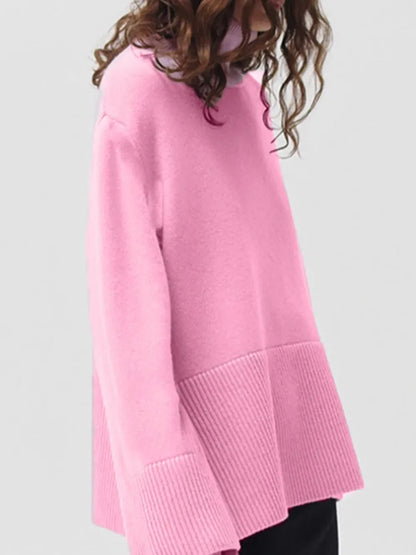 Side Slit Turtleneck Drop Shoulder Sweater Trendsi