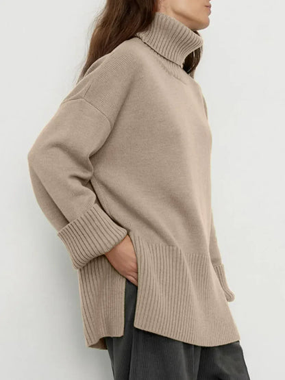 Side Slit Turtleneck Drop Shoulder Sweater Trendsi