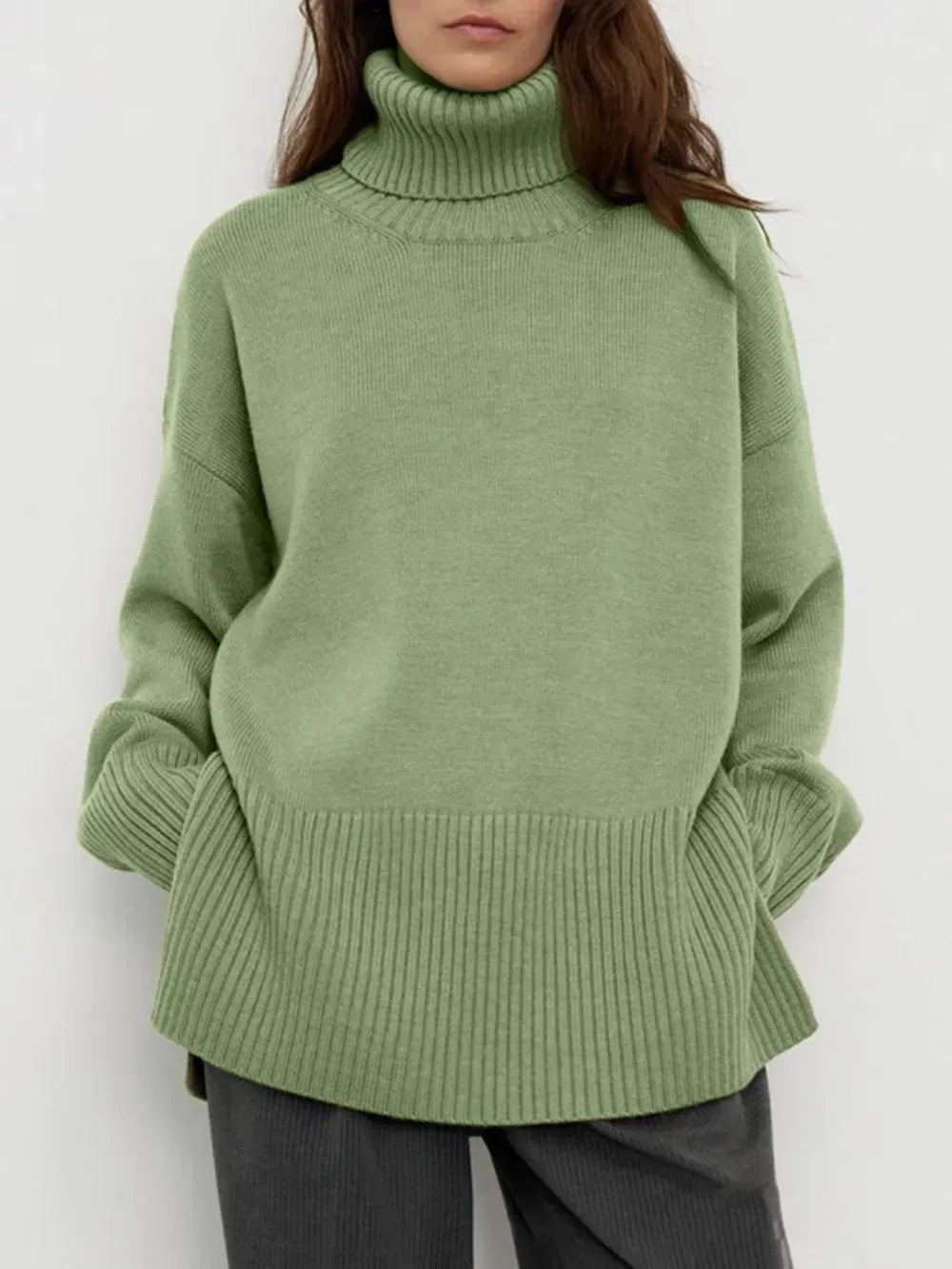 Side Slit Turtleneck Drop Shoulder Sweater Matcha Green / One Size Trendsi