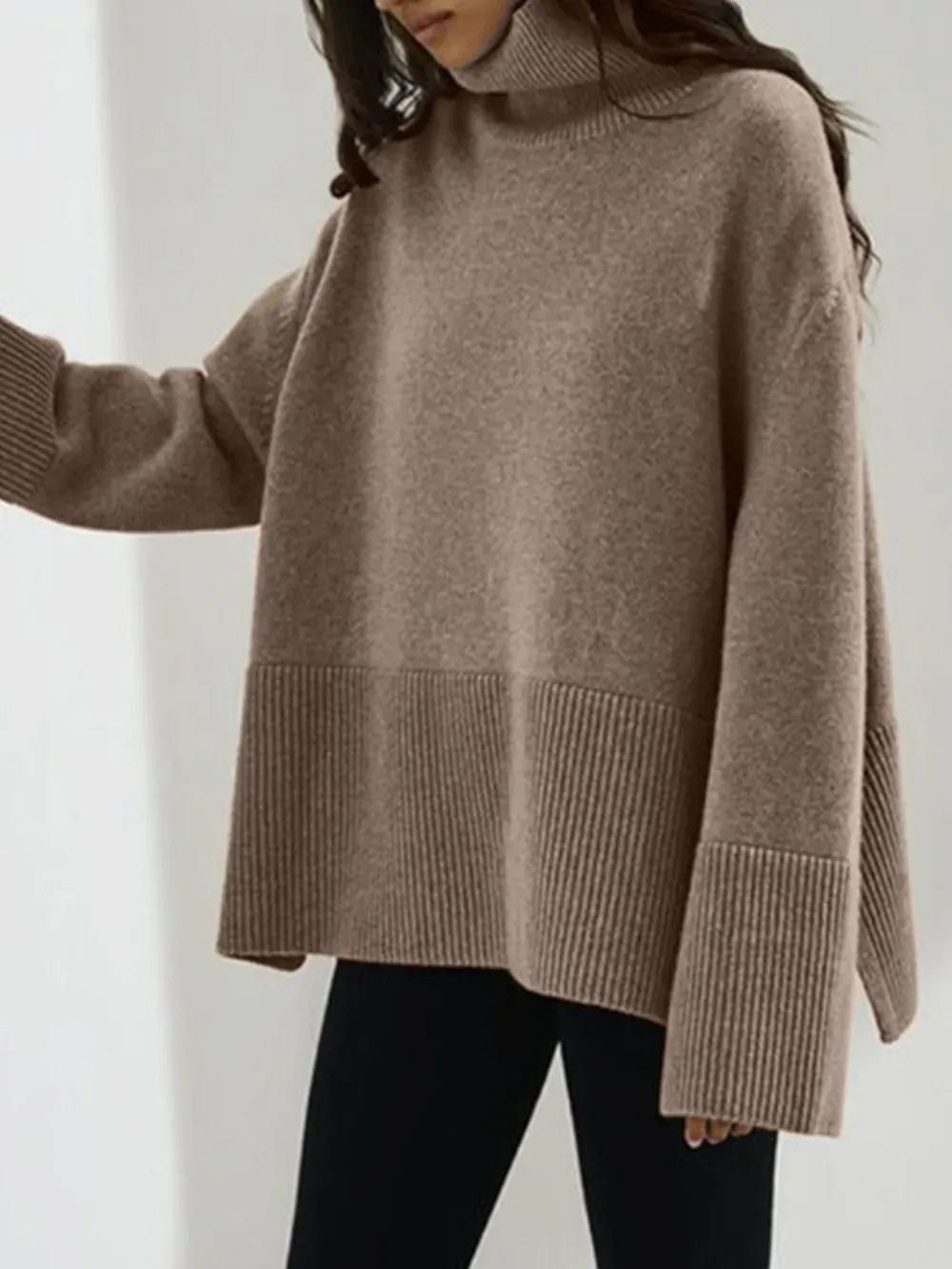 Side Slit Turtleneck Drop Shoulder Sweater Trendsi