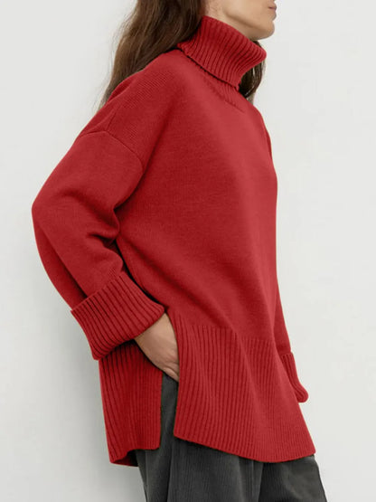 Side Slit Turtleneck Drop Shoulder Sweater Trendsi