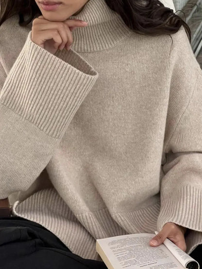 Side Slit Turtleneck Drop Shoulder Sweater Khaki / One Size Trendsi