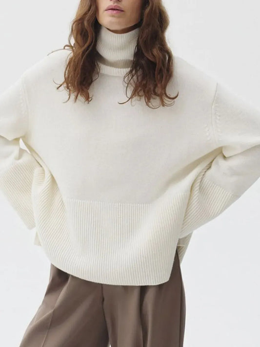 Side Slit Turtleneck Drop Shoulder Sweater Ivory / One Size Trendsi