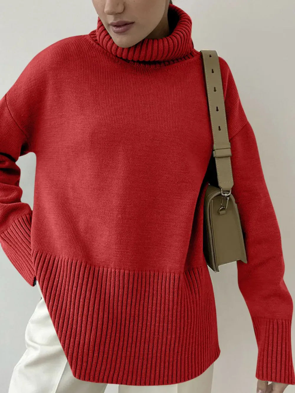 Side Slit Turtleneck Drop Shoulder Sweater Trendsi
