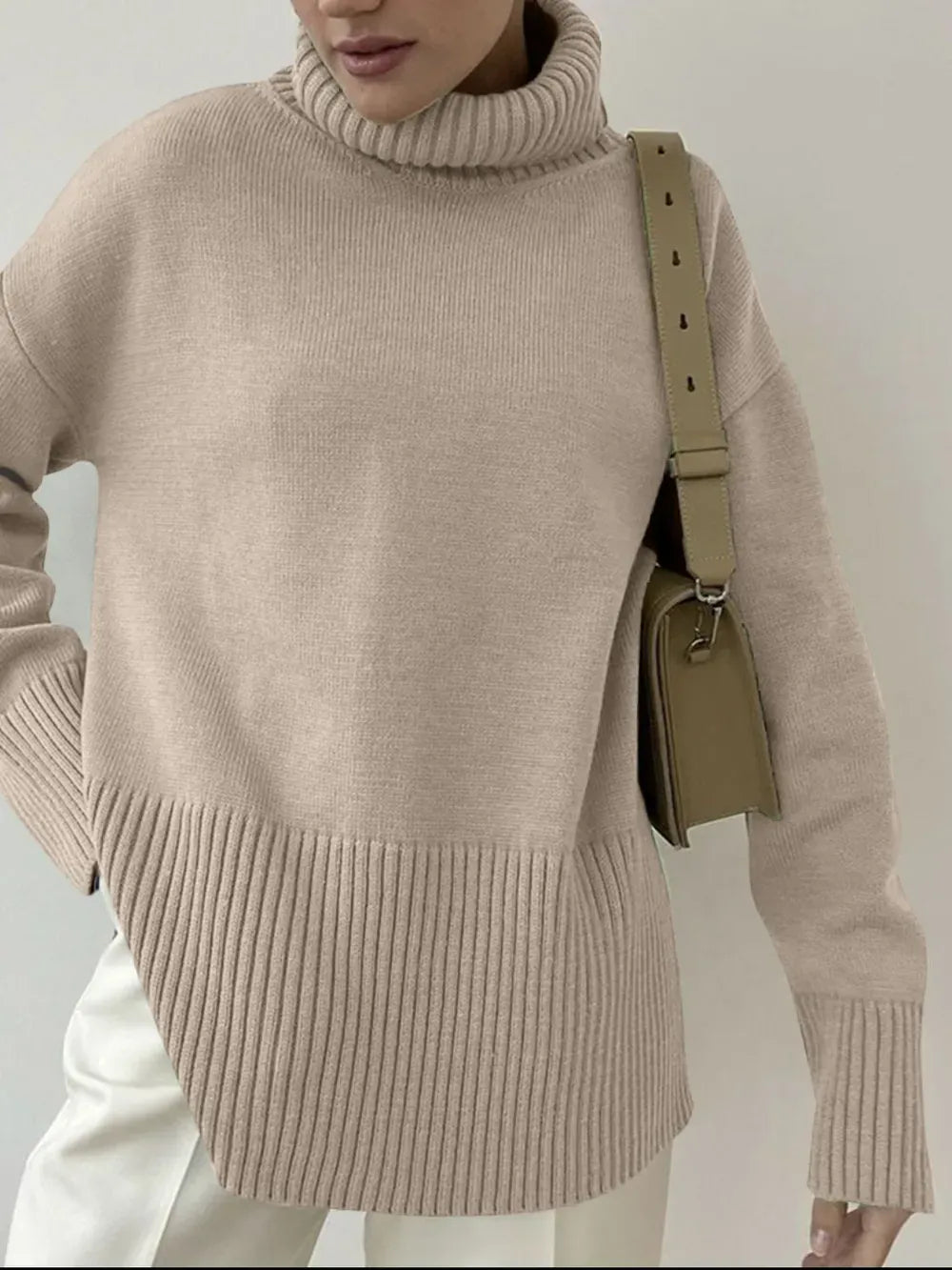 Side Slit Turtleneck Drop Shoulder Sweater Trendsi