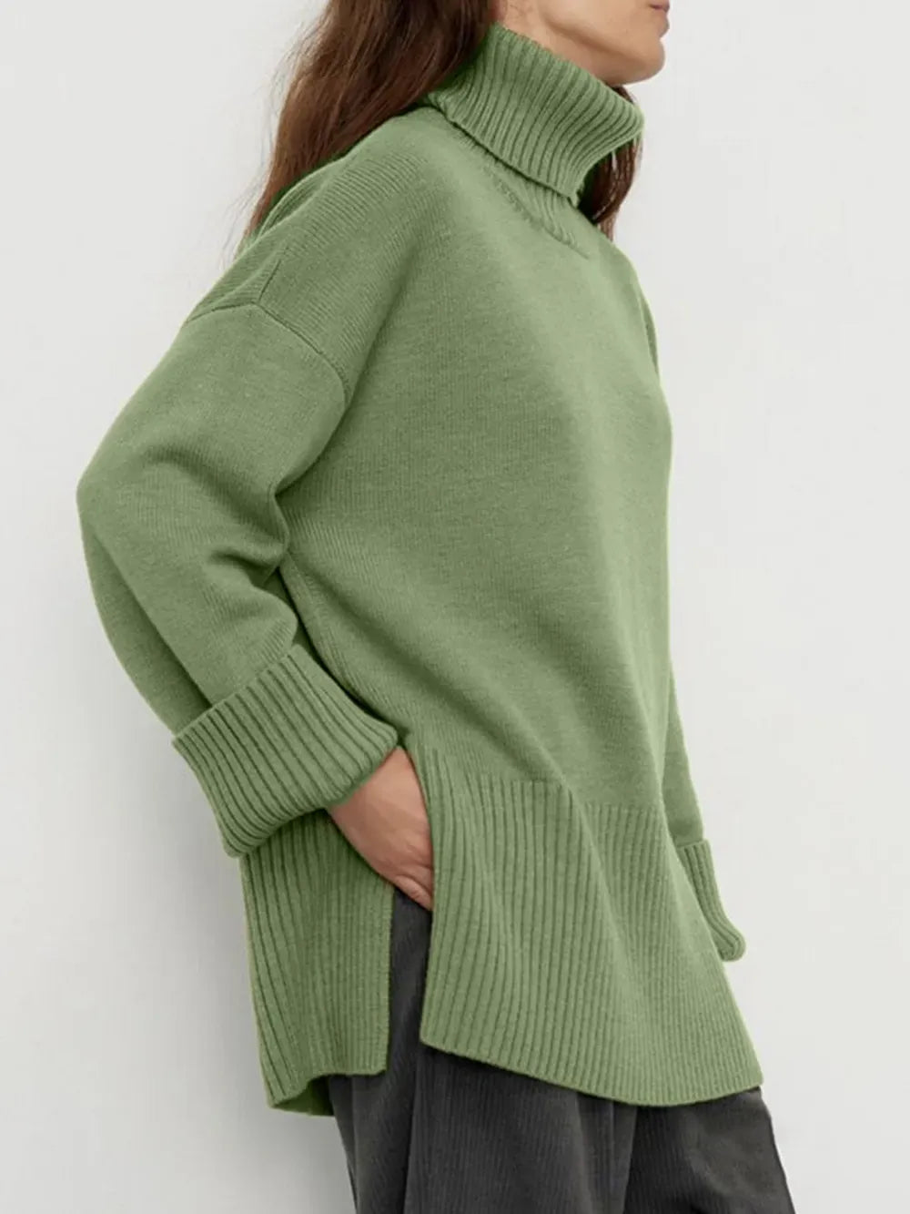 Side Slit Turtleneck Drop Shoulder Sweater Trendsi