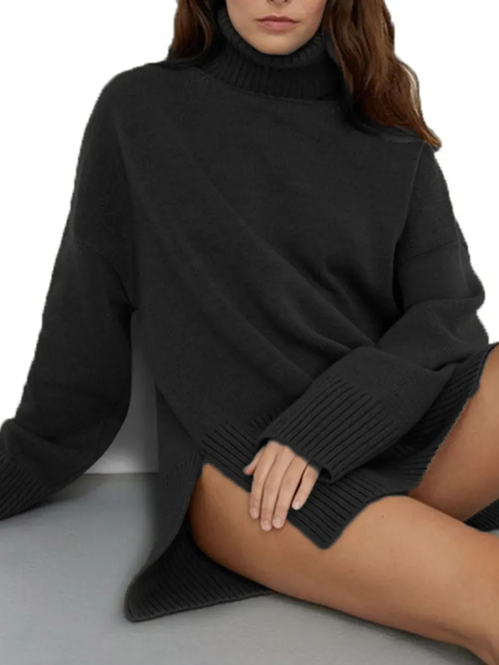 Side Slit Turtleneck Drop Shoulder Sweater Trendsi