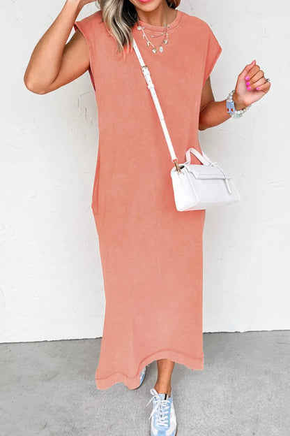 Side Split Round Neck Cap Sleeve T-Shirt Dress The Nichole Collection
