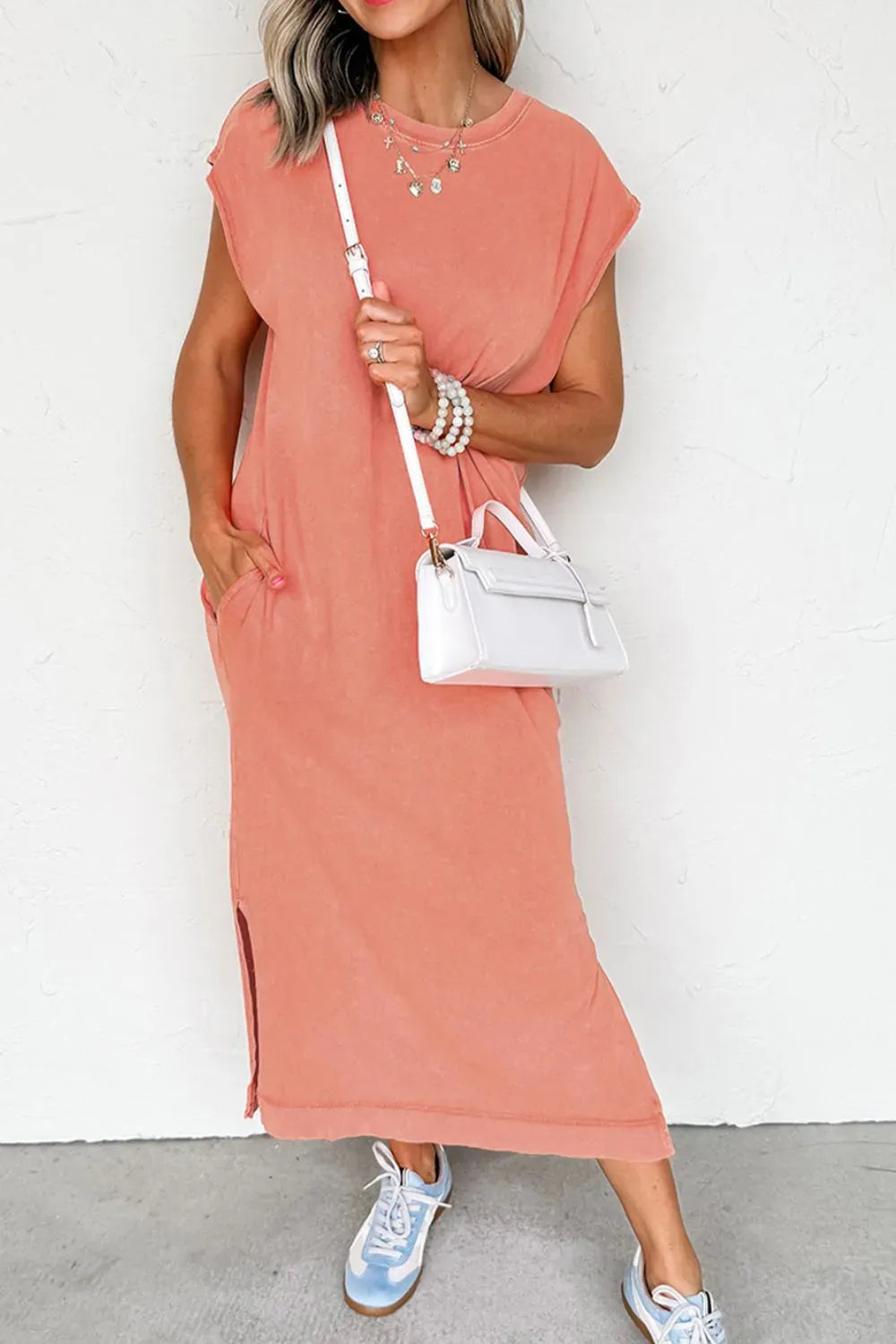 Side Split Round Neck Cap Sleeve T-Shirt Dress The Nichole Collection