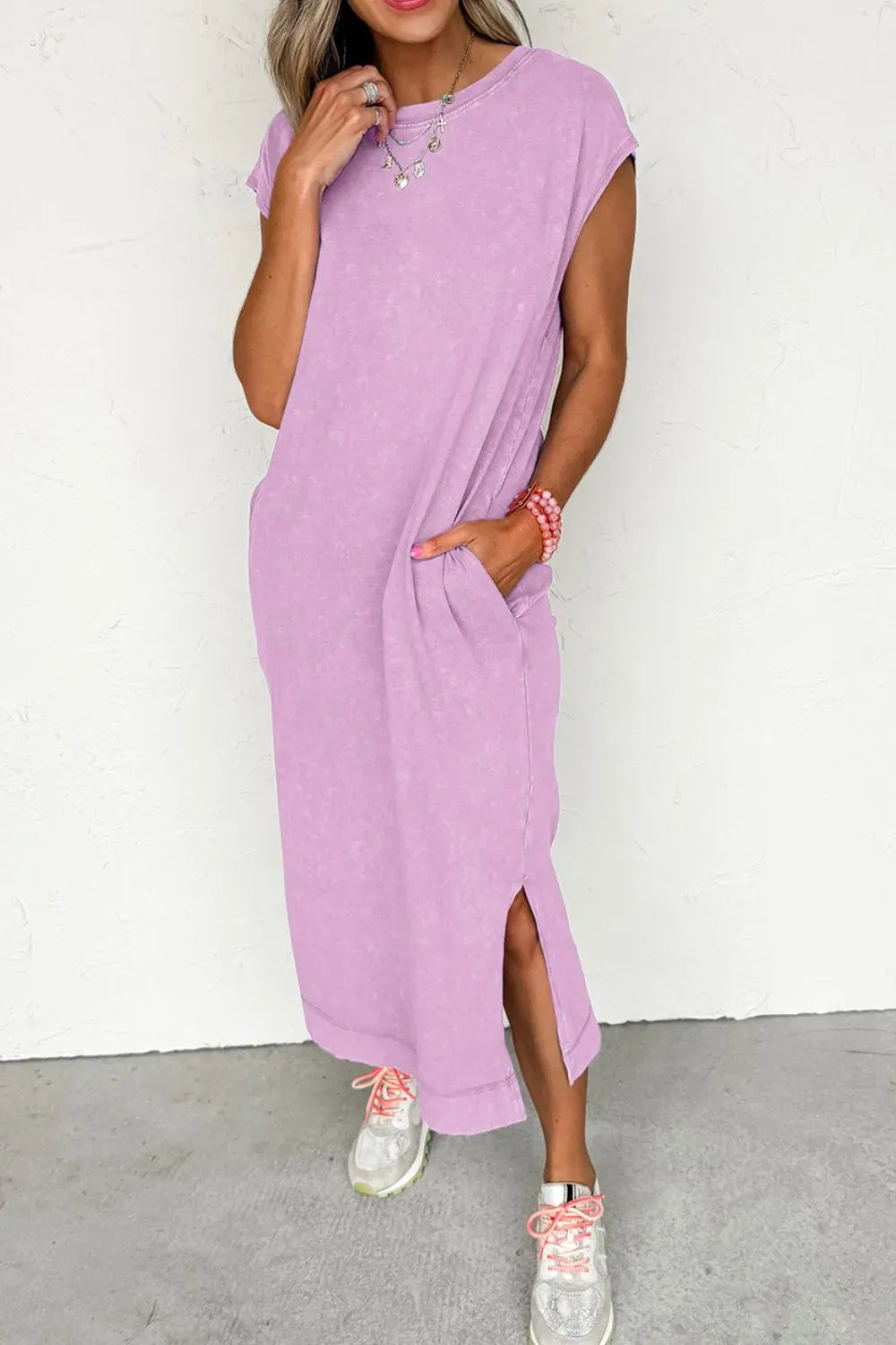 Side Split Round Neck Cap Sleeve T-Shirt Dress The Nichole Collection
