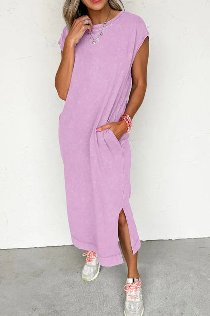 Side Split Round Neck Cap Sleeve T-Shirt Dress The Nichole Collection