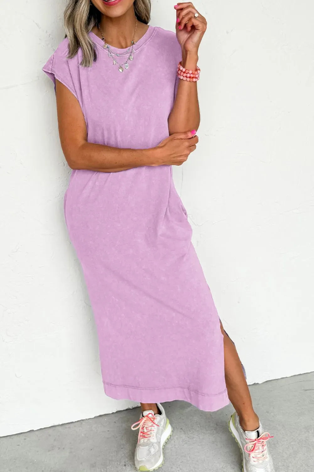 Side Split Round Neck Cap Sleeve T-Shirt Dress The Nichole Collection