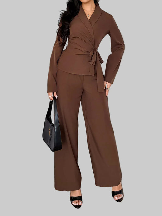 Side Tie Long Sleeve Top and Pants Set Women's Sets Brown / S The Nichole Collection