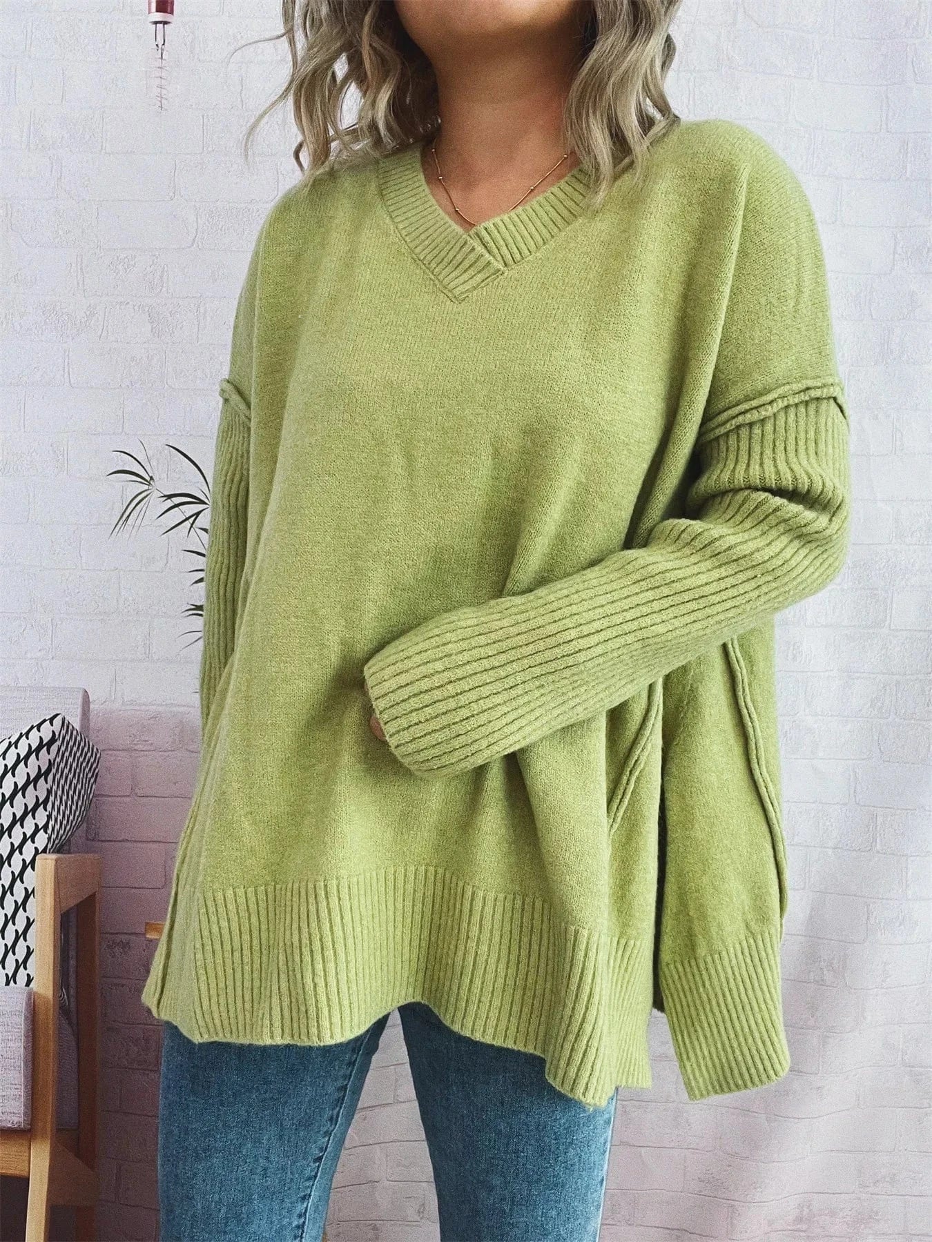 Signature Relaxed V-Neck Sweater Sweaters Green / One Size The Nichole Collection