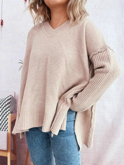 Signature Relaxed V-Neck Sweater Sweaters Beige / One Size The Nichole Collection
