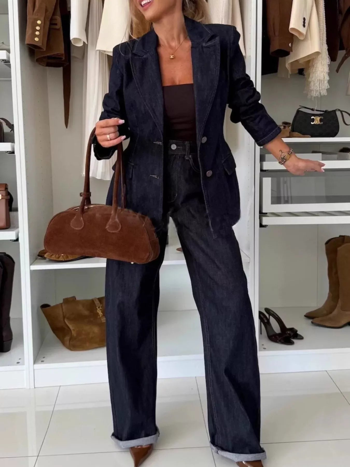 Single-Breasted Blazer and Jeans Denim Set Women's Sets The Nichole Collection