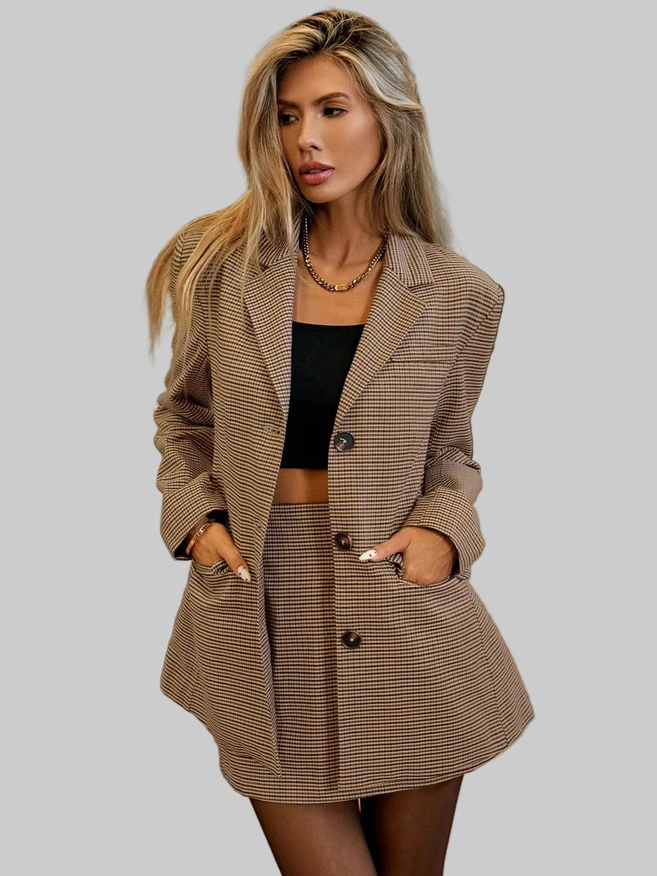 Single-Breasted Plaid Blazer and Skirt Set The Nichole Collection