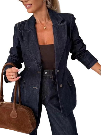 Single-Breasted Washed Denim Blazer - Dark Navy / S