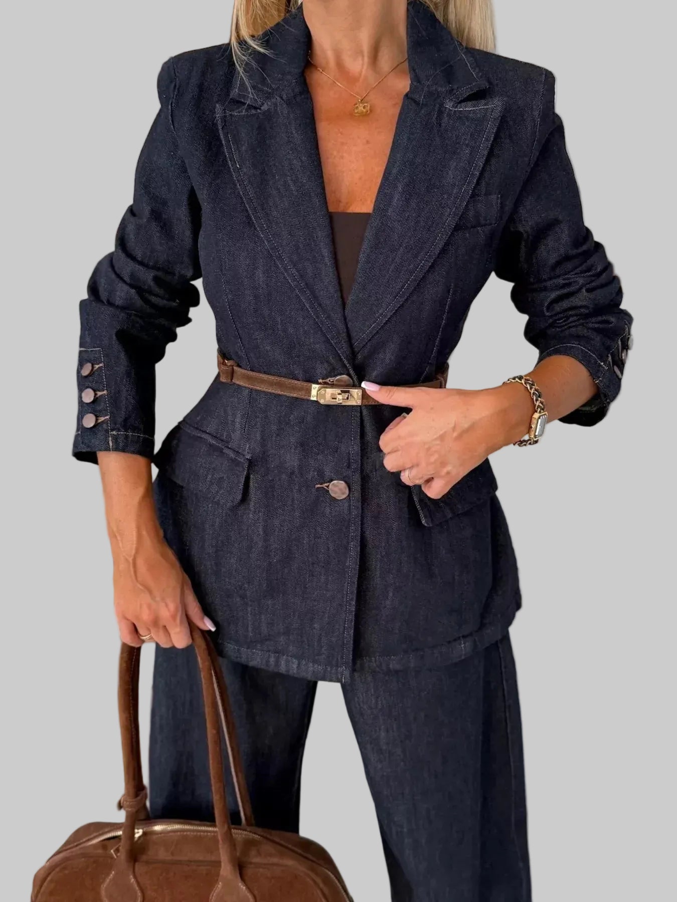 Single-Breasted Washed Denim Blazer - Dark Navy / S