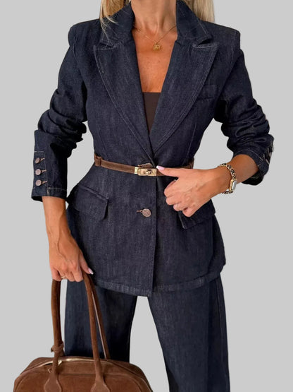 Single-Breasted Washed Denim Blazer - Dark Navy / S