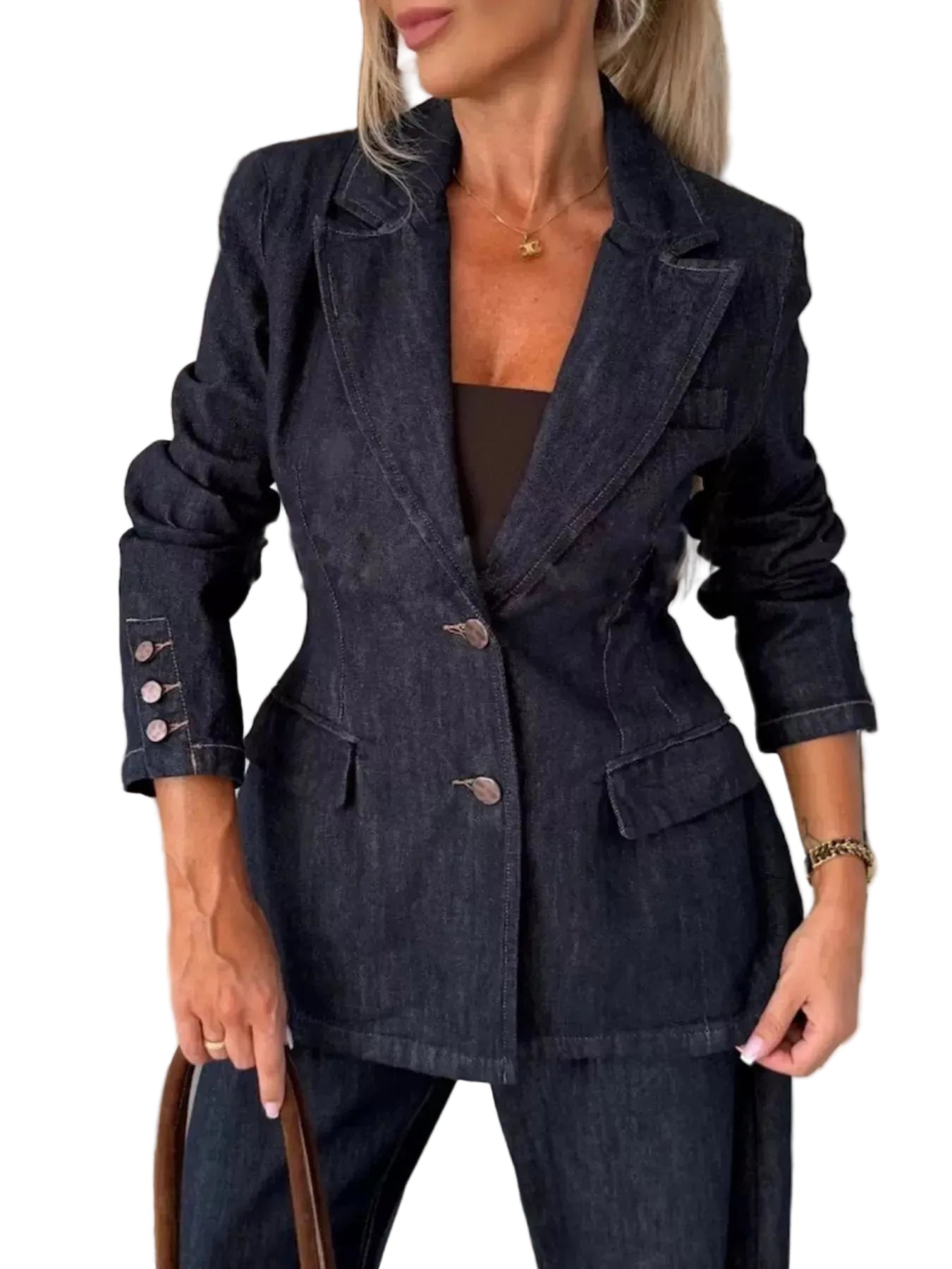 Single-Breasted Washed Denim Blazer - Dark Navy / S