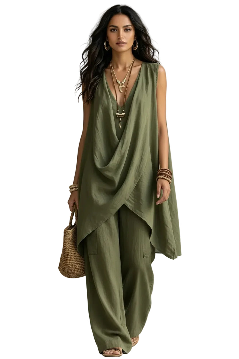 Sleeveless Asymmetrical Top & Wide-Leg Pants Set Army Green / S The Nichole Collection - Official Site