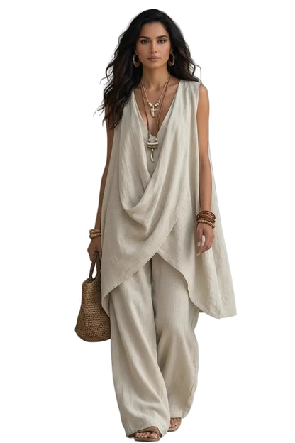 Sleeveless Asymmetrical Top & Wide-Leg Pants Set Off-white / S The Nichole Collection - Official Site