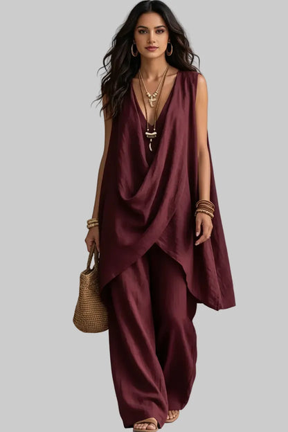 Sleeveless Asymmetrical Top & Wide-Leg Pants Set Burgundy / S The Nichole Collection - Official Site