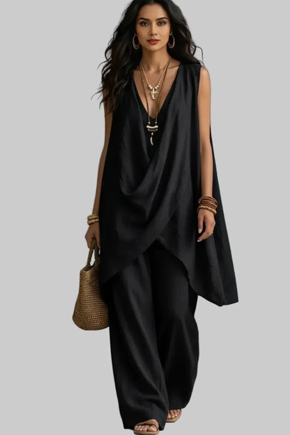 Sleeveless Asymmetrical Top & Wide-Leg Pants Set Black / S The Nichole Collection - Official Site