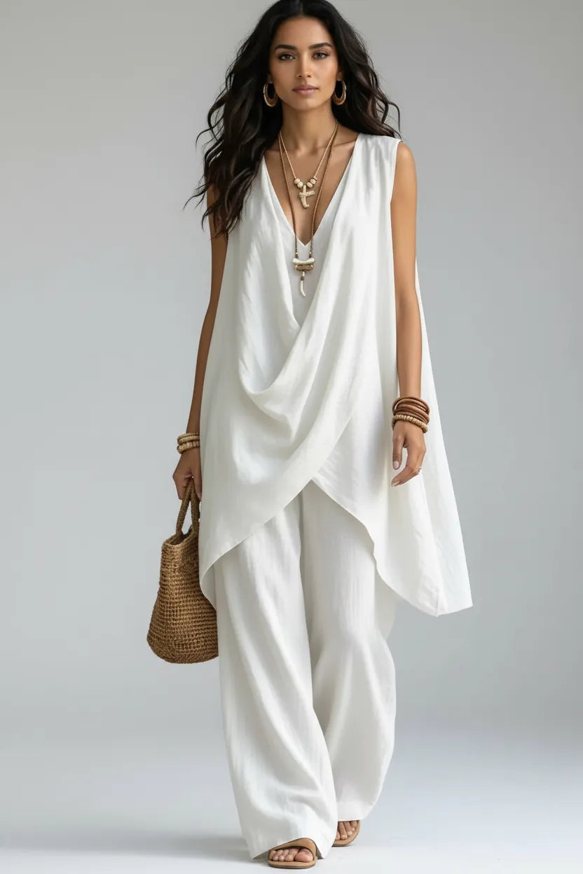 Sleeveless Asymmetrical Top & Wide-Leg Pants Set White / S The Nichole Collection - Official Site