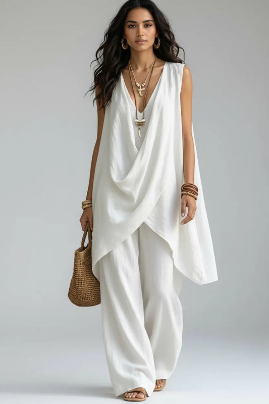 Sleeveless Asymmetrical Top & Wide-Leg Pants Set White / S The Nichole Collection - Official Site