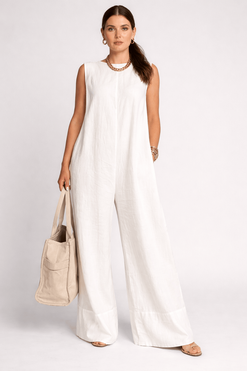 Sleeveless Baggy Wide Leg Cotton Jumpsuit – Casual Summer Overalls White / S Jumpsuits & Rompers The Nichole Collection