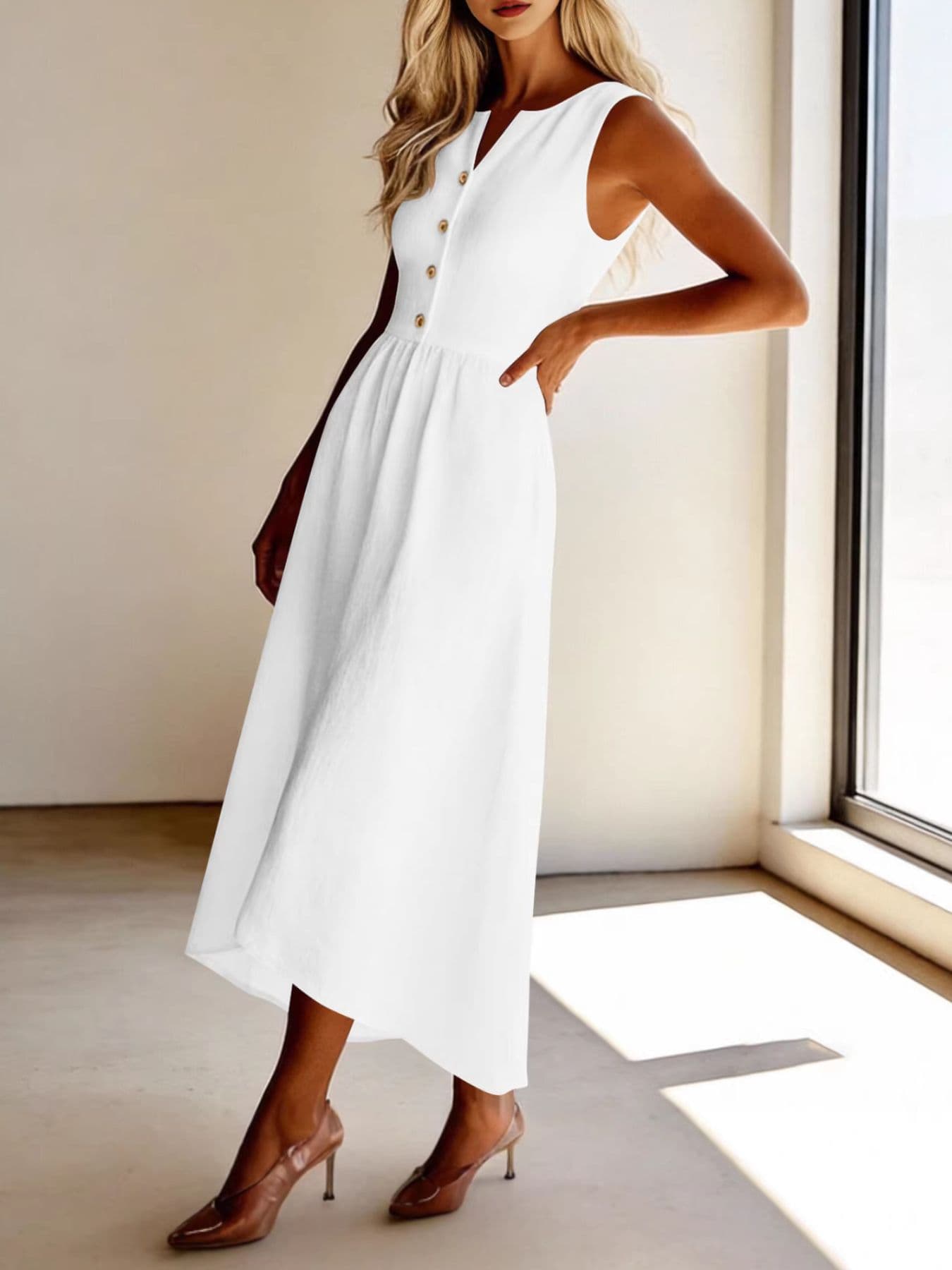 Sleeveless Button Front Flowy Midi Dress THE NICHOLE COLLECTION - Official Site