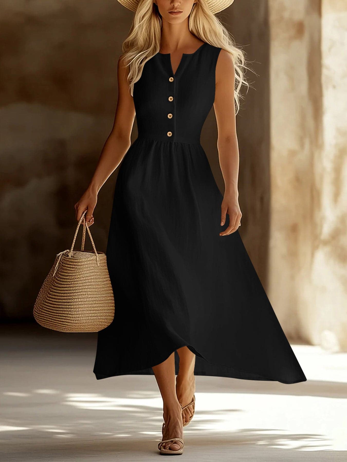 Sleeveless Button Front Flowy Midi Dress Black / S THE NICHOLE COLLECTION - Official Site