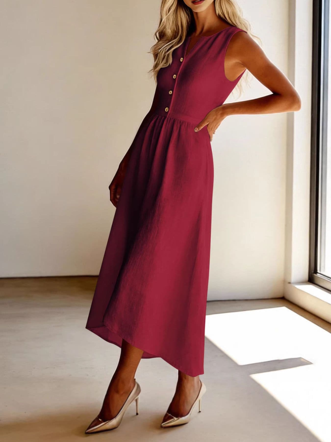 Sleeveless Button Front Flowy Midi Dress THE NICHOLE COLLECTION - Official Site
