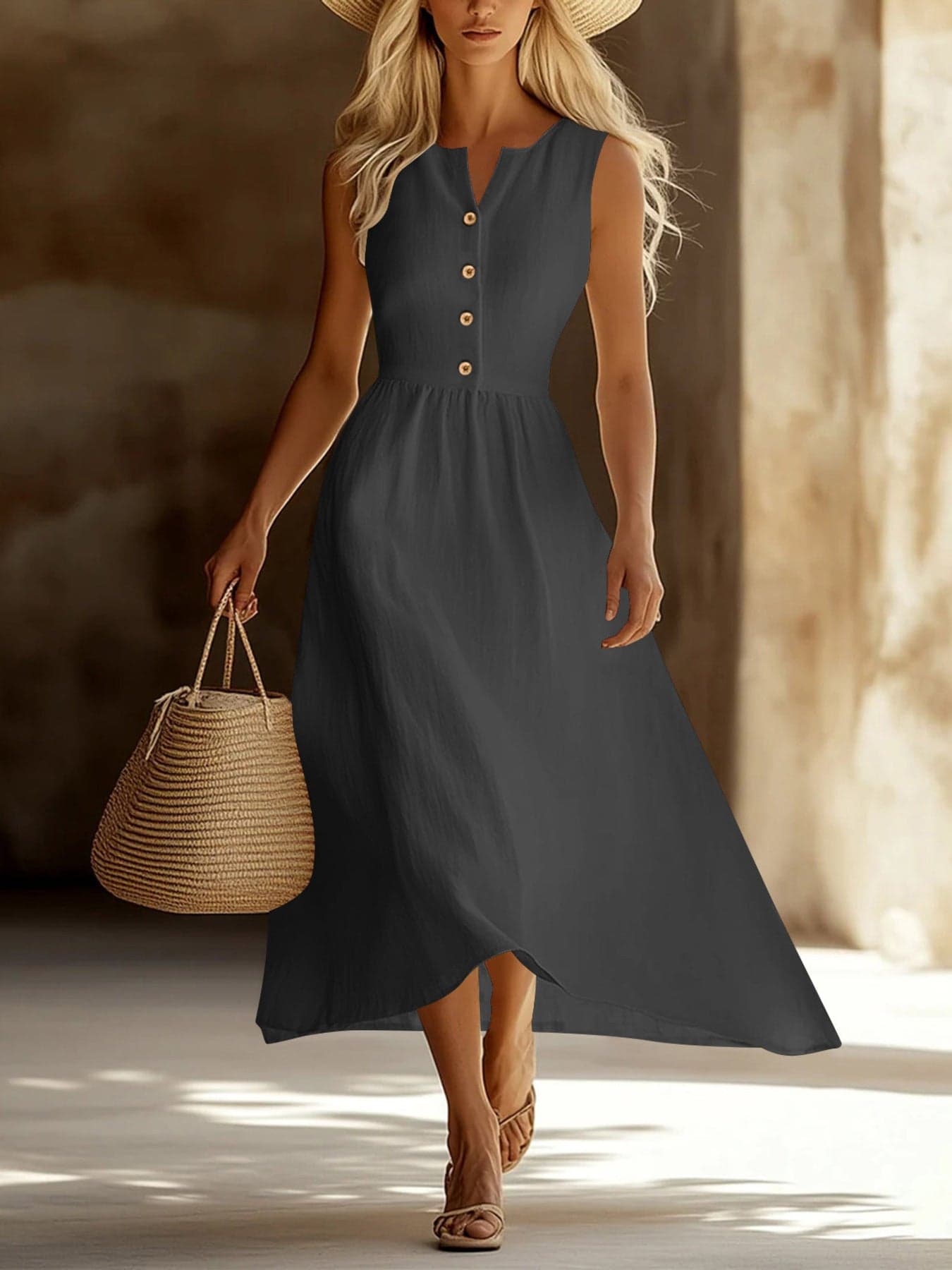Sleeveless Button Front Flowy Midi Dress Gray / S THE NICHOLE COLLECTION - Official Site