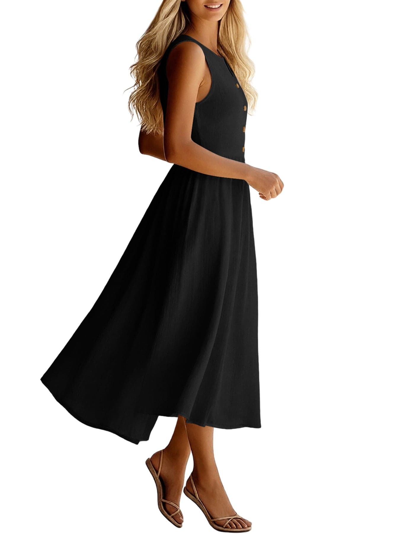 Sleeveless Button Front Flowy Midi Dress THE NICHOLE COLLECTION - Official Site