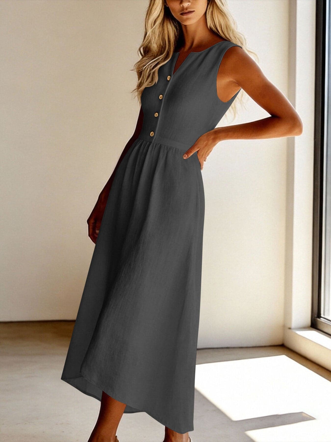Sleeveless Button Front Flowy Midi Dress THE NICHOLE COLLECTION - Official Site