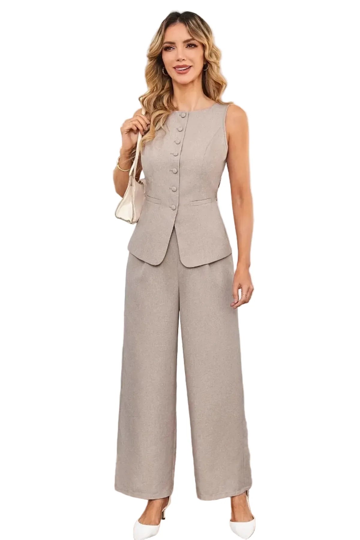 Sleeveless Button Front Top and Wide Leg Pants Set The Nichole Collection