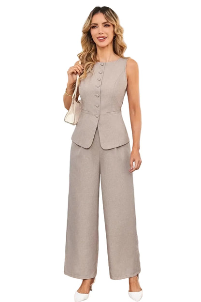 Sleeveless Button Front Top and Wide Leg Pants Set The Nichole Collection
